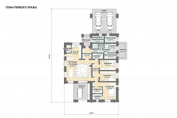 Проект кирпичного одноэтажного дома с 3 комнатами, сауной и навесом для автомобилей / План 1 этажа