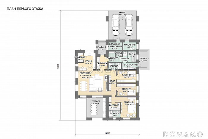 Проект кирпичного одноэтажного дома с 3 комнатами, сауной и навесом для автомобилей / План 1 этажа