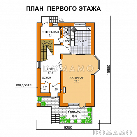 Проект кирпичного дома с мансардным этажом и эркером / План 1 этажа Проект кирпичного дома с мансардным этажом и эркером / План 1 этажа