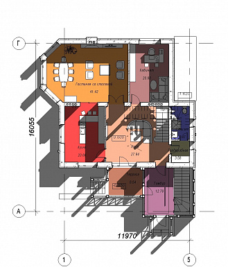 Проект двухэтажного дома с эркером и зимним садом, бильярдной и тренажерным залом на цокольном этаже / План 1 этажа Проект двухэтажного дома с эркером и зимним садом, бильярдной и тренажерным залом на цокольном этаже / План 1 этажа
