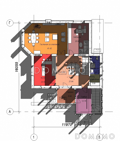 Проект двухэтажного дома с эркером и зимним садом, бильярдной и тренажерным залом на цокольном этаже / План 1 этажа Проект двухэтажного дома с эркером и зимним садом, бильярдной и тренажерным залом на цокольном этаже / План 1 этажа