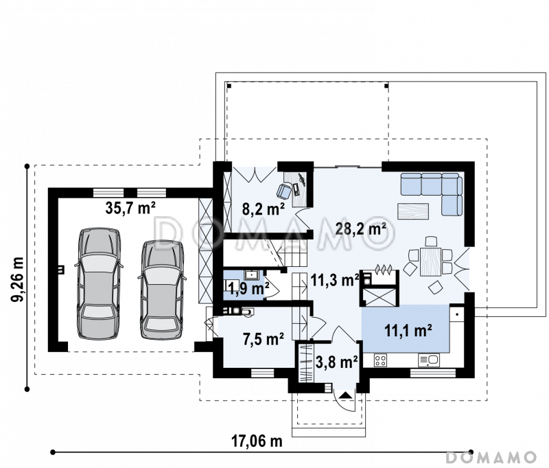 Проект комфортного одноэтажного мансардного дома из газобетона с кабинетом, гаражом и тремя спальнями / План 1 этажа