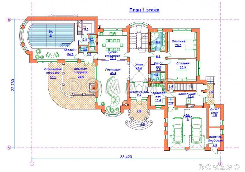 Проект кирпичного дома с бассейном / План 1 этажа