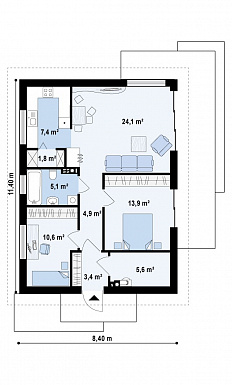 Проект компактного одноэтажного дома из кирпича с двумя спальнями, изолированной кухней и торцевым входом / План 1 этажа Проект компактного одноэтажного дома из кирпича с двумя спальнями, изолированной кухней и торцевым входом / План 1 этажа