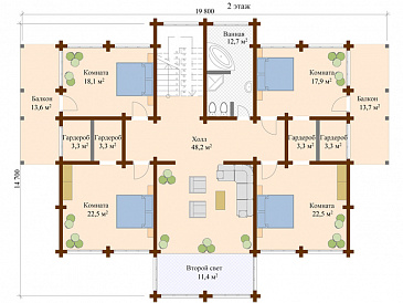 Проект дома из клееного бруса с зимним садом / План 2 этажа Проект дома из клееного бруса с зимним садом / План 2 этажа