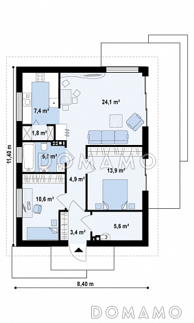 Проект компактного одноэтажного дома из кирпича с двумя спальнями, изолированной кухней и торцевым входом / План 1 этажа Проект компактного одноэтажного дома из кирпича с двумя спальнями, изолированной кухней и торцевым входом / План 1 этажа