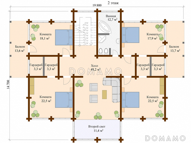 Проект дома из клееного бруса с зимним садом / План 2 этажа Проект дома из клееного бруса с зимним садом / План 2 этажа