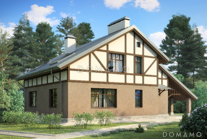 Проект дома в стиле фахверк с двусветной гостиной и навесом для машины Проект дома в стиле фахверк с двусветной гостиной и навесом для машины