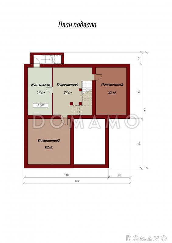 Проект двухэтажного дома с подвалом, гаражом и террасой / План цокольного этажа