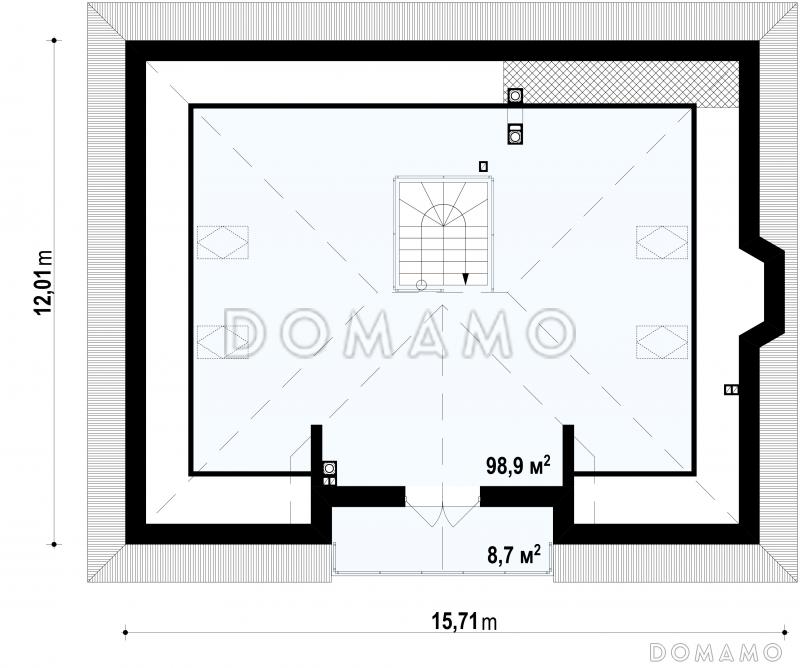 Проект одноэтажного дома из газобетона с мансардой и балконом и зоной барбекю на террасе  / План мансардного этажа