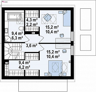 Проект компактного одноэтажного мансардного дома из кирпича с кабинетом и двумя спальнями / План мансардного этажа Проект компактного одноэтажного мансардного дома из кирпича с кабинетом и двумя спальнями / План мансардного этажа