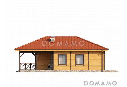 Проект компактного одноэтажного дома с барбекю на большой террасе для каркасного строительства / Фасад 1