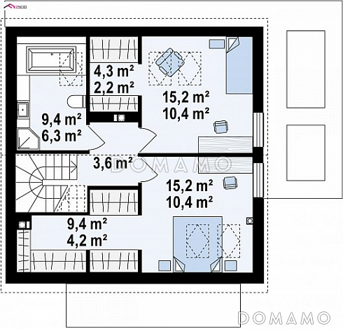 Проект компактного одноэтажного мансардного дома из кирпича с кабинетом и двумя спальнями / План мансардного этажа Проект компактного одноэтажного мансардного дома из кирпича с кабинетом и двумя спальнями / План мансардного этажа