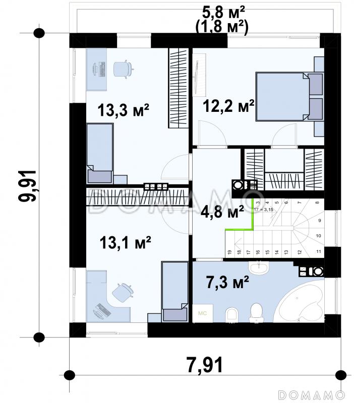 Проект загородного дома с подвалом, вытянутой кухней с кладовой, светлыми спальнями на втором этаже / План 2 этажа