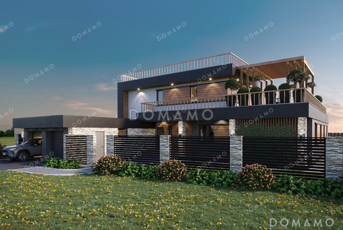 Проект двухэтажного дома с бассейном и гаражом на два автомобиля Проект двухэтажного дома с бассейном и гаражом на два автомобиля