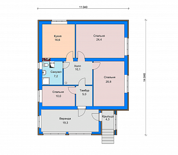 Проект загородного дома с верандой, изолированной кухней, санузлом с окном / План 1 этажа Проект загородного дома с верандой, изолированной кухней, санузлом с окном / План 1 этажа