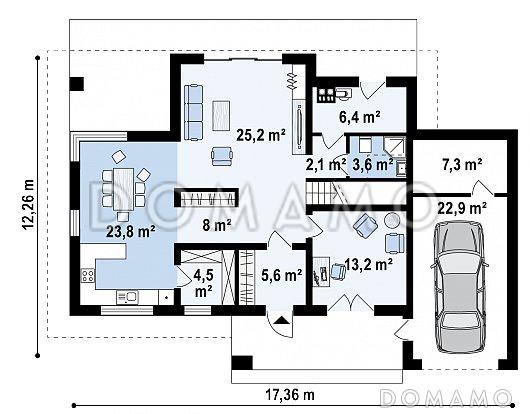 Проект мансардного дома из кирпича со встроенным гаражом, кабинетом и балконом / План 1 этажа