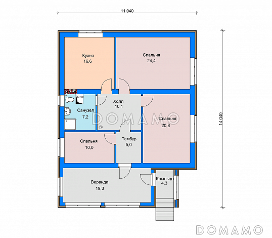 Проект загородного дома с верандой, изолированной кухней, санузлом с окном / План 1 этажа Проект загородного дома с верандой, изолированной кухней, санузлом с окном / План 1 этажа
