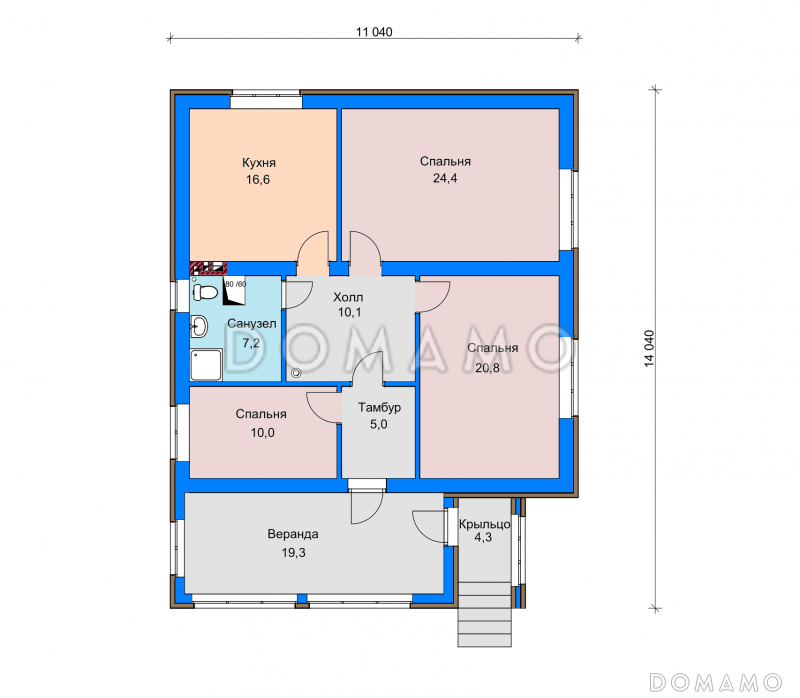 Проект загородного дома с верандой, изолированной кухней, санузлом с окном / План 1 этажа