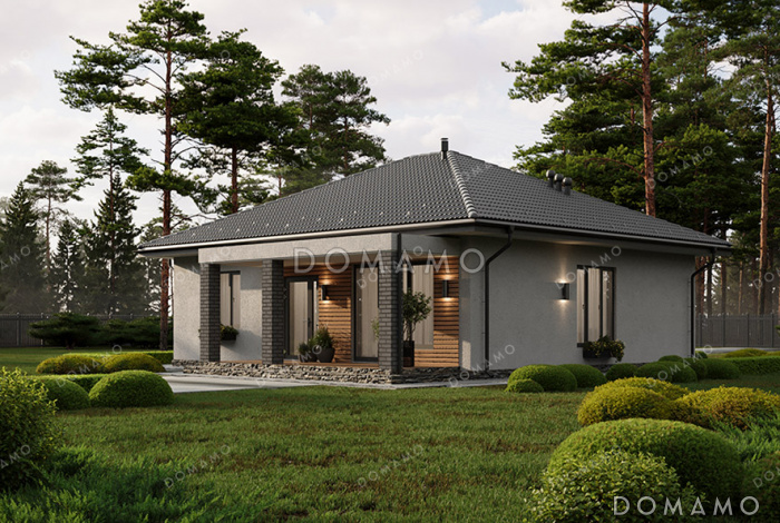 Проект компактного одноэтажного дома с вальмовой кровлей, крытой террасой, тремя спальнями и большой открытой зоной кухни-гостиной Проект компактного одноэтажного дома с вальмовой кровлей, крытой террасой, тремя спальнями и большой открытой зоной кухни-гостиной