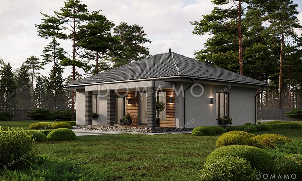 Проект компактного одноэтажного дома с вальмовой кровлей, крытой террасой, тремя спальнями и большой открытой зоной кухни-гостиной / 2