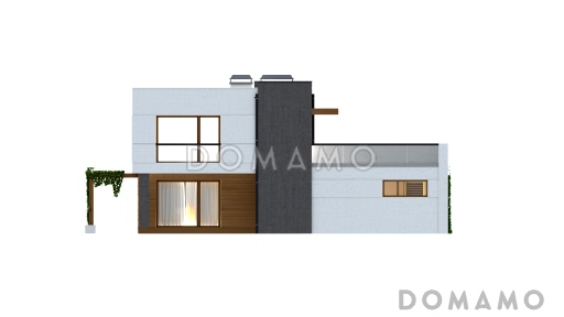 Проект современного двухэтажного дома из кирпича с плоской крышей с четырьмя комнатами, гаражом и открытой террасой на втором этаже / Фасад 2