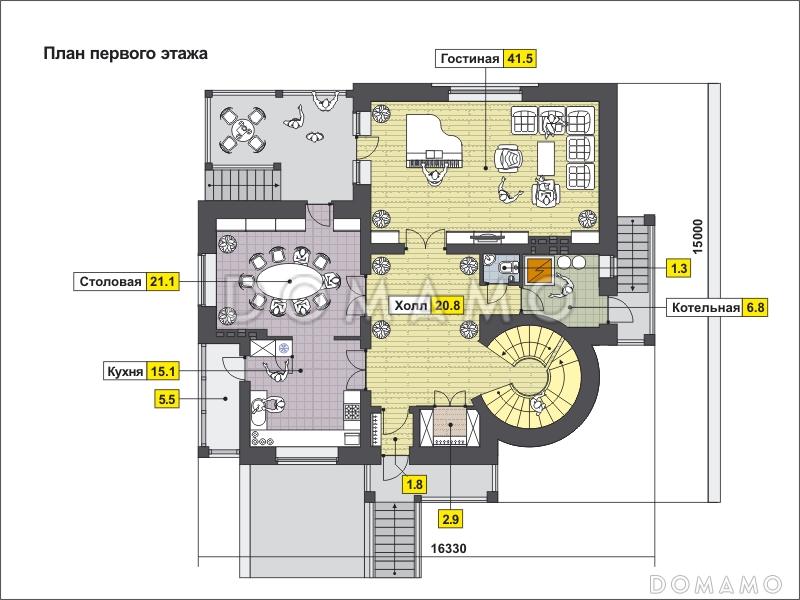 Дом с башней и зеленой крышей, с цокольным этажом, гаражом на одну машину / План 1 этажа