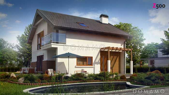 Проект одноэтажного дома с высоким мансардным этажом из газобетона с кабинетом и угловым балконом Проект одноэтажного дома с высоким мансардным этажом из газобетона с кабинетом и угловым балконом