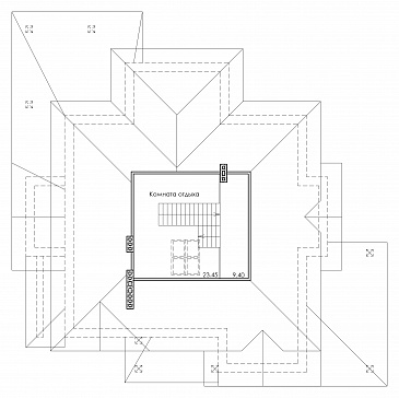 Проект особняка в трех уровнях, с комнатой отдыха на чердаке, с мастерской, гаражом и навесом под автомобиль / План мансардного этажа Проект особняка в трех уровнях, с комнатой отдыха на чердаке, с мастерской, гаражом и навесом под автомобиль / План мансардного этажа