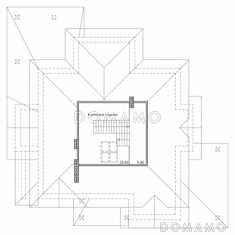 Проект особняка в трех уровнях, с комнатой отдыха на чердаке, с мастерской, гаражом и навесом под автомобиль / План мансардного этажа Проект особняка в трех уровнях, с комнатой отдыха на чердаке, с мастерской, гаражом и навесом под автомобиль / План мансардного этажа