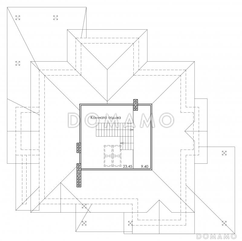 Проект особняка в трех уровнях, с комнатой отдыха на чердаке, с мастерской, гаражом и навесом под автомобиль / План мансардного этажа
