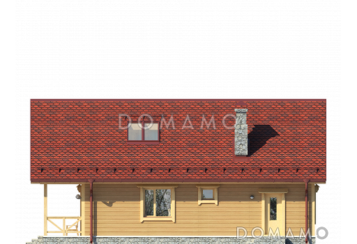 Проект одноэтажного дома из бруса с мансардой и двумя террасами на обоих этажах по всей ширине дома / Фасад 2