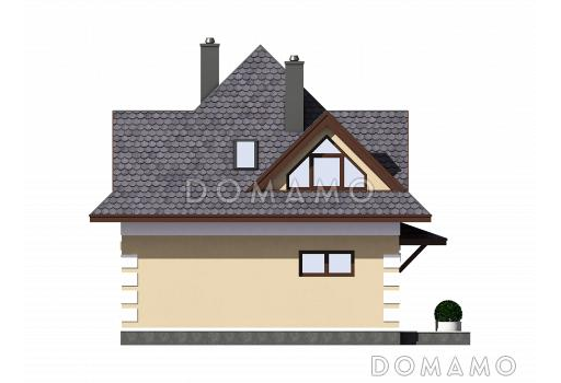 Проект одноэтажного дома из газобетона с мансардой, эркером, треугольными окнами и шатровой ломанной крышей / Фасад 3