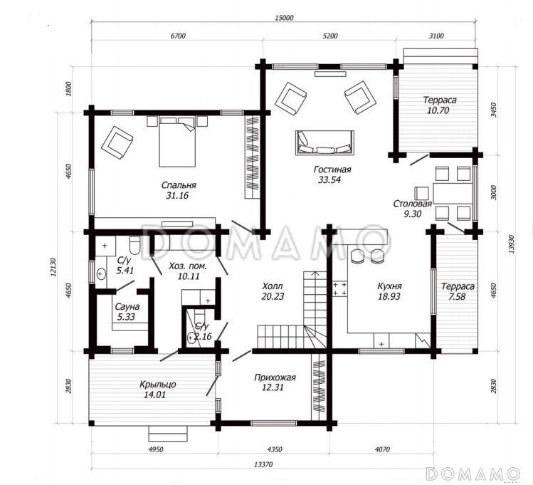Проект дома из клееного бруса с тремя террасами / План 1 этажа