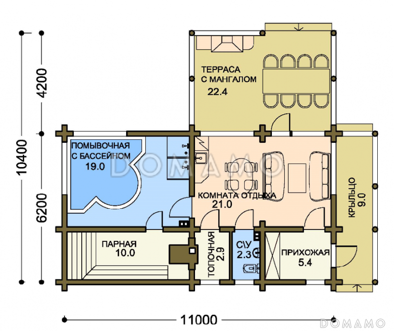 Проект бани с террасой и бассейном / План 1 этажа