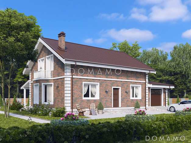 Проект дома с 4 спальнями, эркером в гостиной, террасой и пристроенным гаражом Проект дома с 4 спальнями, эркером в гостиной, террасой и пристроенным гаражом