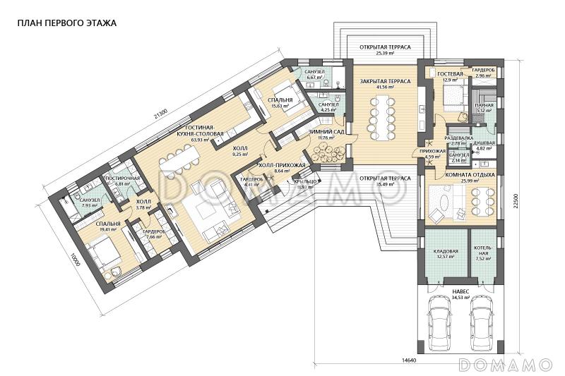 Проект дома сложной формы с 3 спальнями, спа-зоной, навесом для 2 машин и террасами / План 1 этажа