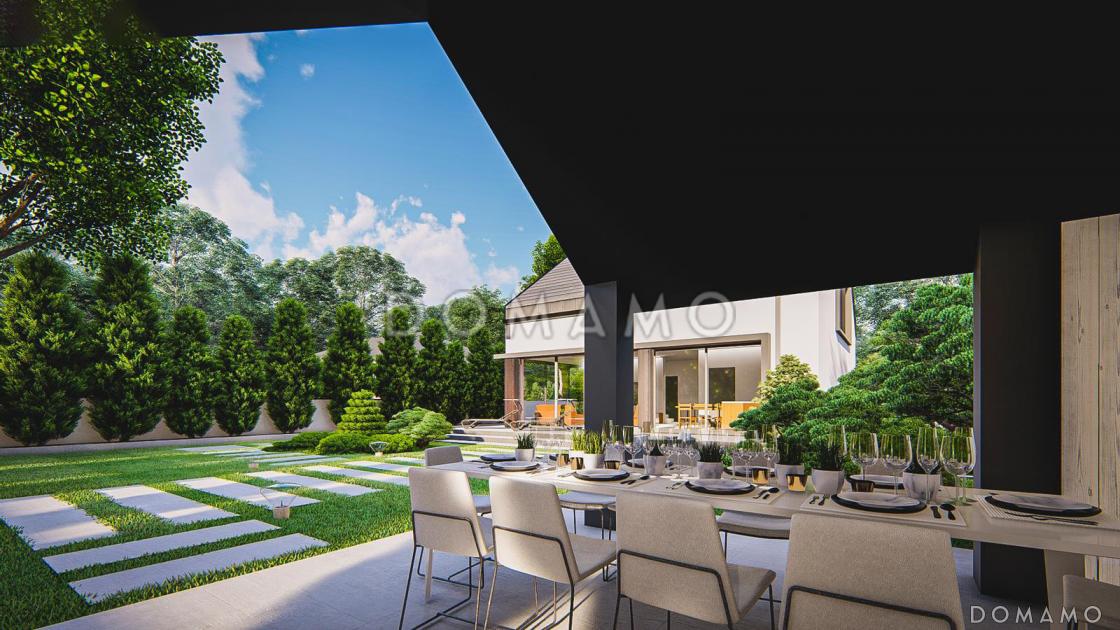 Проект загородного дома с панорамным остеклением гостиной, гаражом, кладовой и мастер-спальней на мансарде / 5