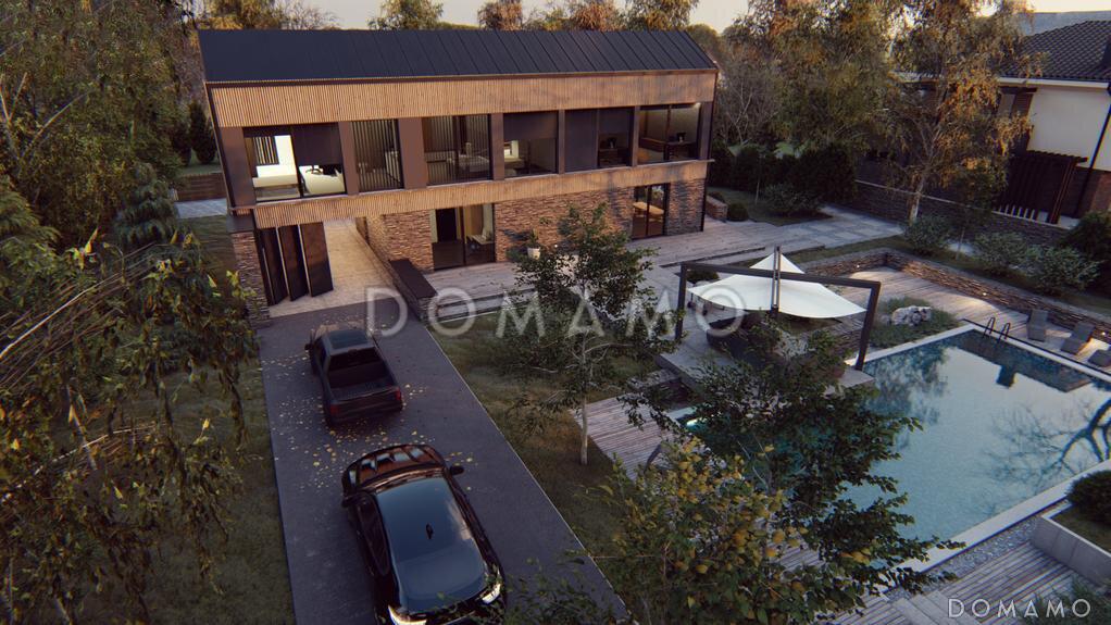 Проект стильного двухэтажного дома с гаражом, кладовой, гардеробной в прихожей, кабинетом, хозяйской спальней / 3