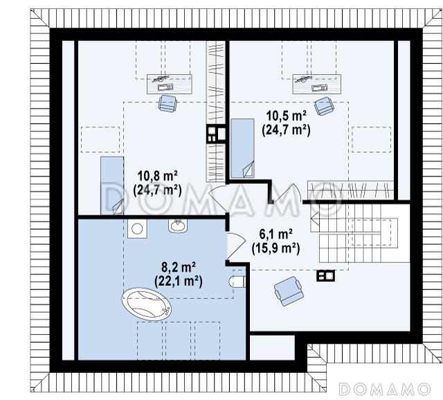 Проект мансардного дома из газобетона с двумя спальнями на первом этаже и двумя на мансарде / План мансардного этажа
