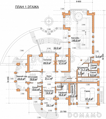 Проект роскошного особняка из кирпича с бассейном на первом этаже / План 1 этажа