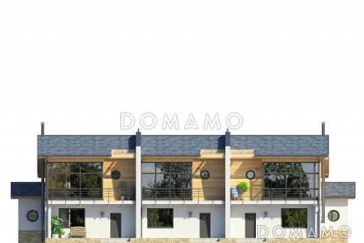 Проект дома с крытой террасой, большой кухней-столовой, просторной гостиной с камином, постирочной, балконом / Фасад 1