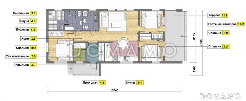 Проект одноэтажного каркасного дома с тремя спальнями, сауной и крытой террасой / План 1 этажа