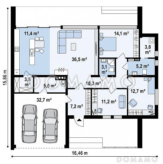 Проект современного одноэтажного дома из кирпича с плоской крышей, большой площадью остекления, с тремя спальнями и большим гаражом / План 1 этажа
