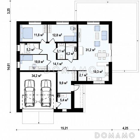 Проект углового одноэтажного дома из газобетона с облицовкой классических фасадов деревянной вагонкой и с гаражом на два автомобиля / План 1 этажа Проект углового одноэтажного дома из газобетона с облицовкой классических фасадов деревянной вагонкой и с гаражом на два автомобиля / План 1 этажа