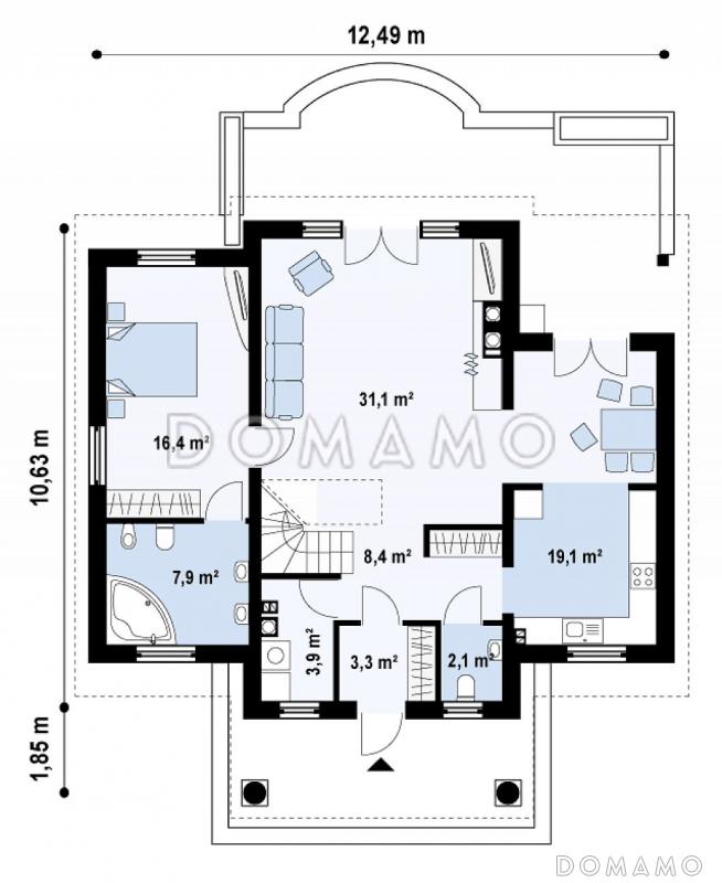 Проект просторного мансардного дома из газобетона с дополнительной спальней на первом этаже, с колоннами и фронтоном / План 1 этажа