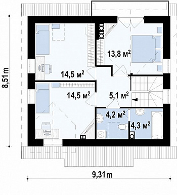 Проект компактного одноэтажного мансардного дома из кирпича квадратной формы с барбекю на террасе / План мансардного этажа Проект компактного одноэтажного мансардного дома из кирпича квадратной формы с барбекю на террасе / План мансардного этажа