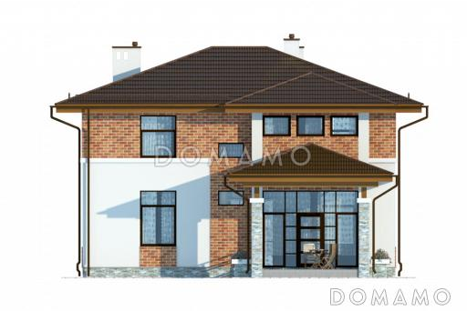 Проект двухэтажного коттеджа с панорамным остеклением на террасу и со вставками красного кирпича / Фасад 1