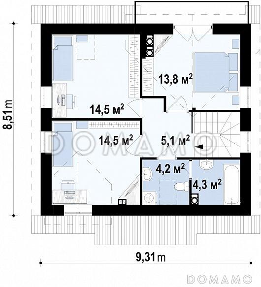 Проект компактного одноэтажного мансардного дома из кирпича квадратной формы с барбекю на террасе / План мансардного этажа