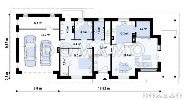 Проект красивого просторного двухэтажного коттеджа из кирпича с крытой террасой и гаражом / План 1 этажа